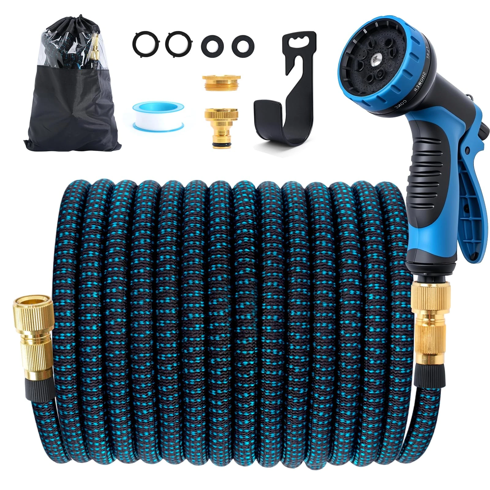 Jsdoin Expandable Garden Hose Pipe 30m/100ft, Flexible Expanding Magic Hose with 3/4", 1/2" Fittings, 10-Function Hose Pipe Spray Gun for Gardening and Car Washing