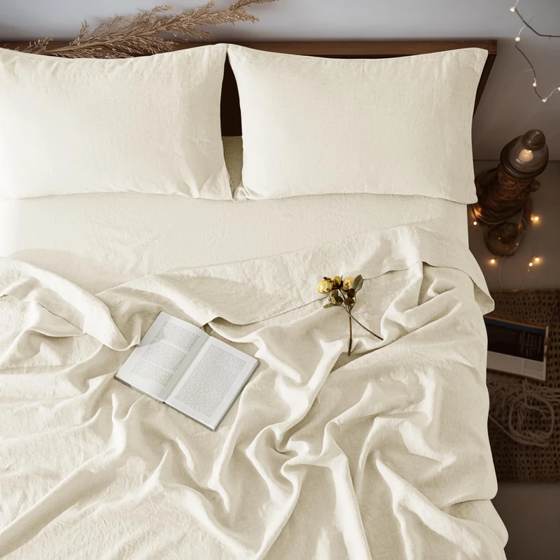 LBRO2M 100% Linen Sheet Set 16" Deep Pocket Full Size,Bed Sheets 4 Piece Sets,Solid Color Natural Flax Bed Sheets Soft Breathable Bedding, All Season (Full, Beige)