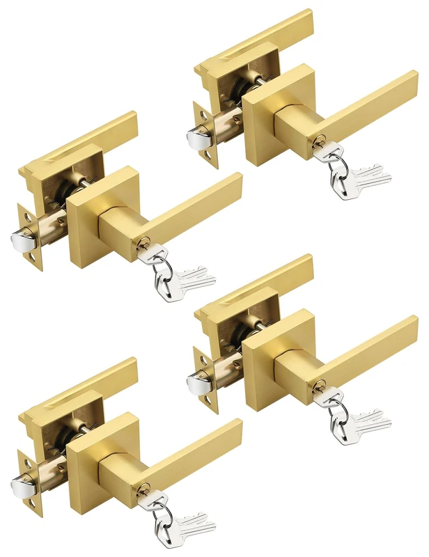 Tinewa 4 Pack Brushed Gold Entry Door Levers with Lock and Key, Satin Brass Keyed Alike Lockset Combo Pack, Entrance Door Handles for Office and Front Door, Door Knobs Lockset (Each with 3 Keys)
