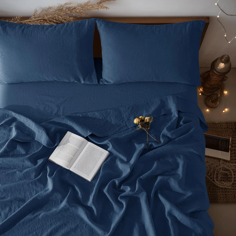 LBRO2M 100% Pure Linen Sheet Set Deep Pocket Up to 16" Bed Sheets Sets, Natural Flax Beddings Soft, Breathable, Comfortable for All Seasons 4 Pcs Sheet Set King Size, Navy Blue