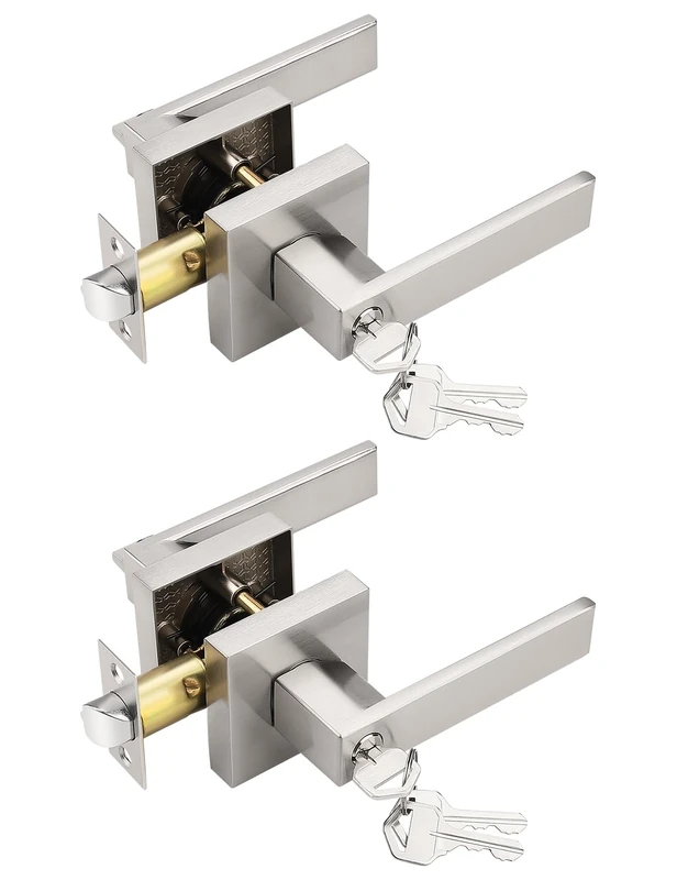 Tinewa 2 Pack Entry Door Levers with Lock and Key, Brushed Nickel Keyed Alike Lockset Combo Pack, Entrance Door Handles for Office and Front Door, Door Knobs Lockset (Each with 3 Keys)