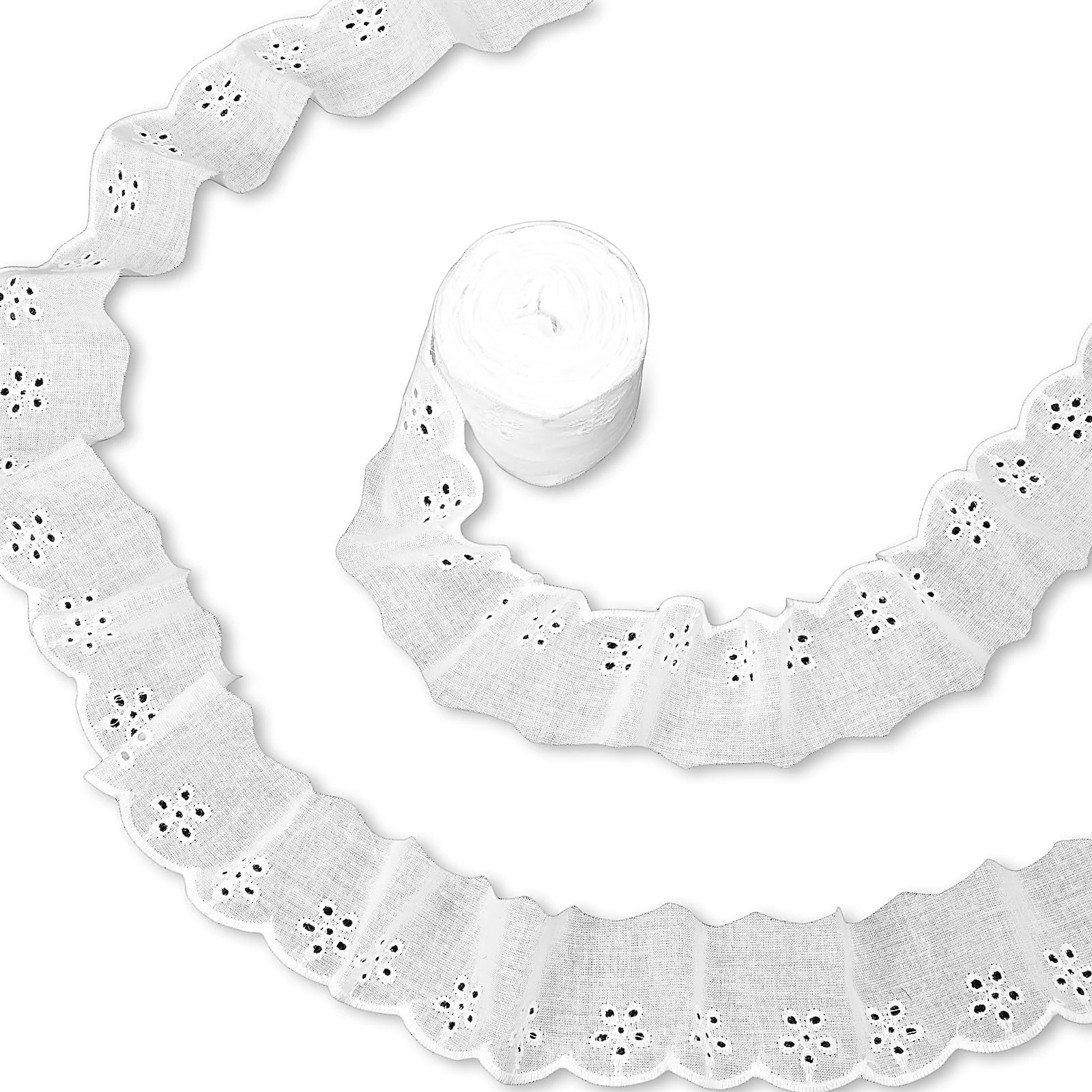 15 Yards Lace Trim White Cotton Lace Trim Eyelet Floral Ribbon Wavy Edge Embroidery Ruffle Trims for Sewing Dress Clothes Bag Dolls & Pets Clothes (1.57 Inches Wide) (White)