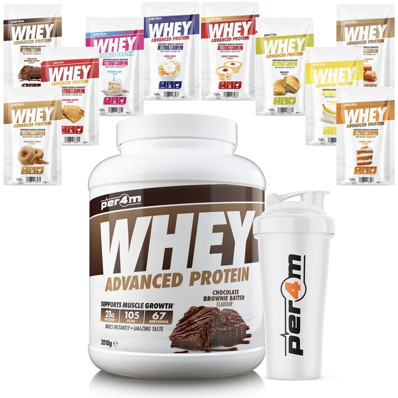 Per4m Whey Protein Shake Powder, Shaker and Sachets | Low Sugar Gluten Free | with 10 Mixed Flavour Sachets & Shaker (2010g, Chocolate Brownie Batter)