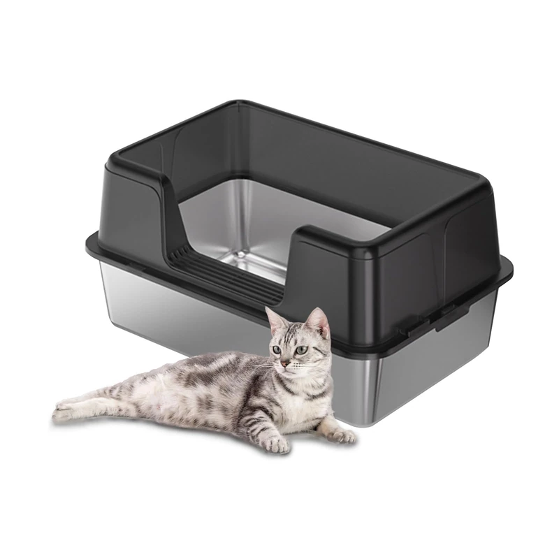 GarveeMore XXL Stainless Steel Cat Litter Tray, Semi-Closed Litter Box, Leak-Proof, Removable Toilet Houses for Cats, 60 x 40 x 31.5 cm, Black