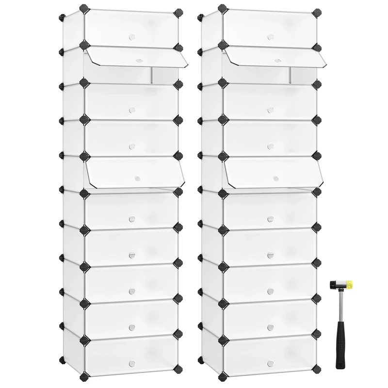 SONGMICS DIY Shoe Rack Organisers with Doors, Set of 2, 10-Tier Storage Rectangular Cubes for 20 Pairs of Shoes, Closet Wardrobe Divider Shelf, Rubber Mallet Anti-Tip Kit, White LPC10W01