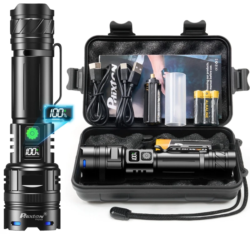 PHIXTON Rechargeable Torch LED Super Bright 500000 Lumens Single One Mode, Long Distance 1000 Meters Powerful Flashlight Zoomable, Long Lasting 10H Strong Touch, USB C Input Output & Digital Display