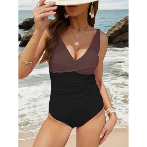 Generic One Piece Swimsuit - Tummy Control Ruched Push Up, Coffeeblack