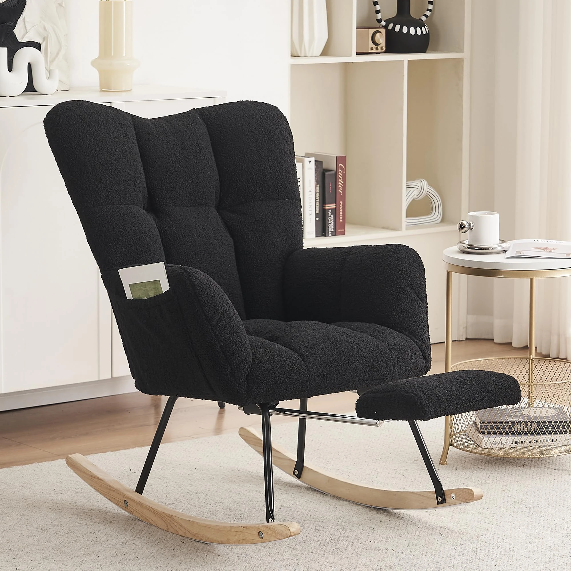 Merax Rocking Chair with Footstool, Comfortable Wingback Nursing Chair, Teddy Fabric Tufted Upholstered Reading Armchair with Padded Seat, for Living Room Bedroom, Teddy, Black