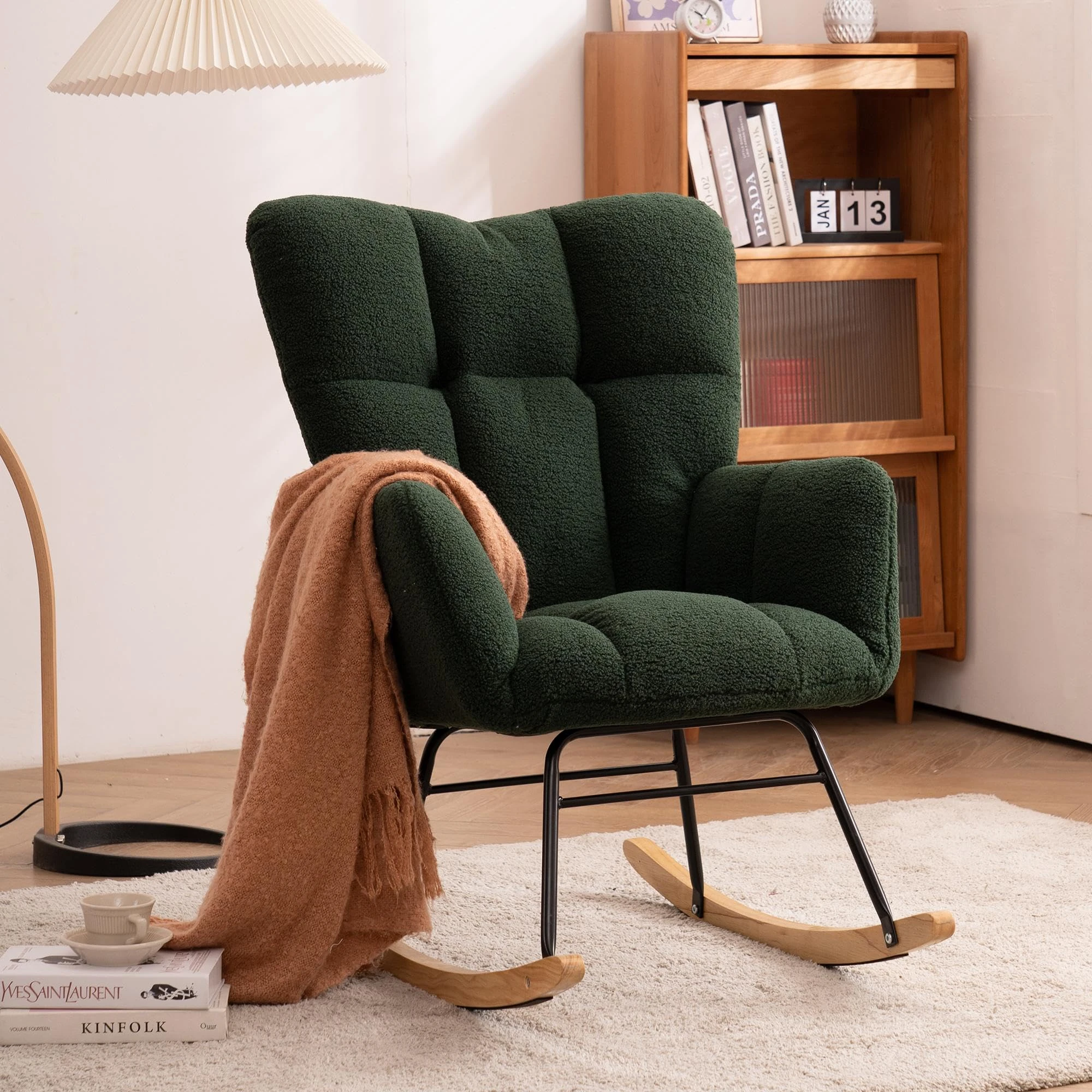 Merax Rocking Chair, Teddy Nursing Chair, Tufted Upholstered Reading Lounge, Comfy Rocking Armchair with High Backrest, for Living Room Bedroom, Dark Green