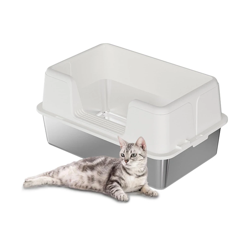 GarveeMore XXL Stainless Steel Cat Litter Tray, Semi-Closed Litter Box, Leak-Proof, Removable Toilet Houses for Cats, 60 x 40 x 36.5 cm, White