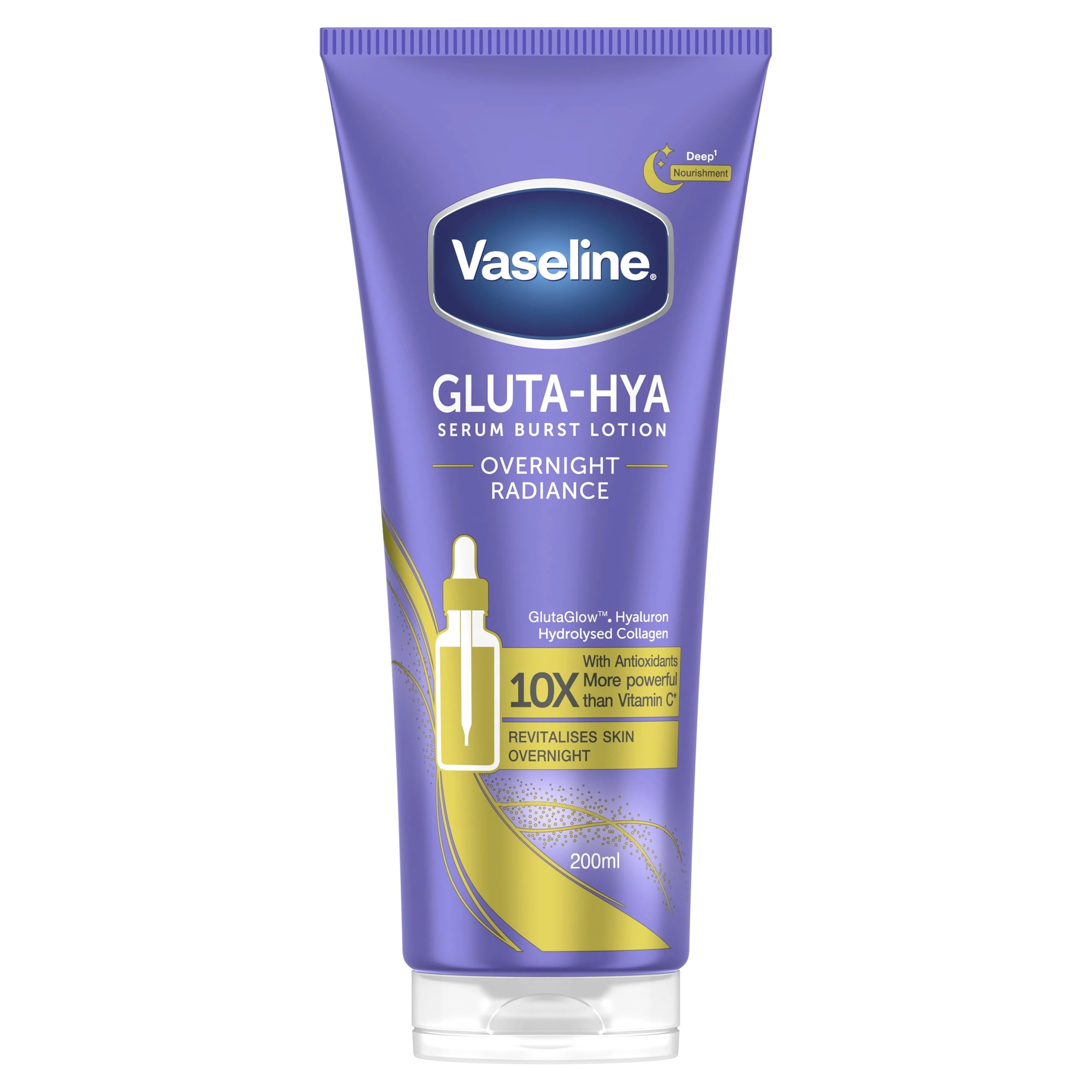 Vaseline Gluta-Hya Overnight Radiance Serum Burst Lotion Moisturiser – Body Lotion with GlutaGlow™, Hyaluron, Collagen & Antioxidants 10x Stronger Than Vitamin C*, For Plumper Skin in 5 Days 200ml