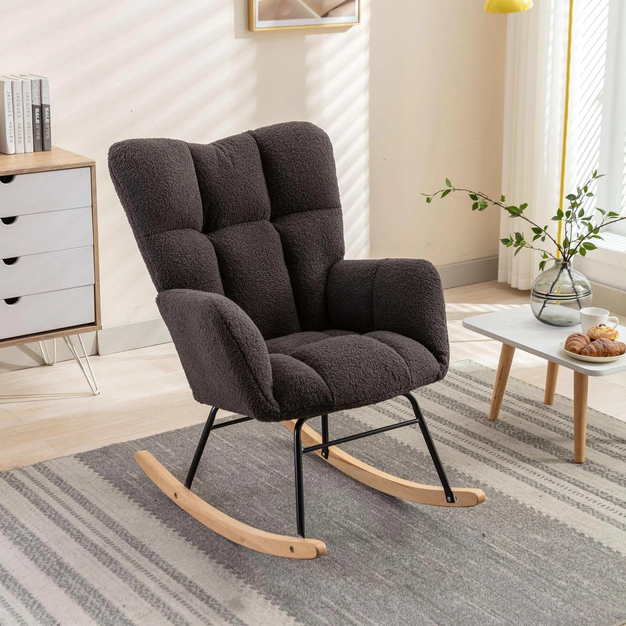 Merax Rocking Chair, Teddy Nursing Chair, Tufted Upholstered Reading Lounge, Comfy Rocking Armchair with High Backrest, for Living Room Bedroom, Dark Grey