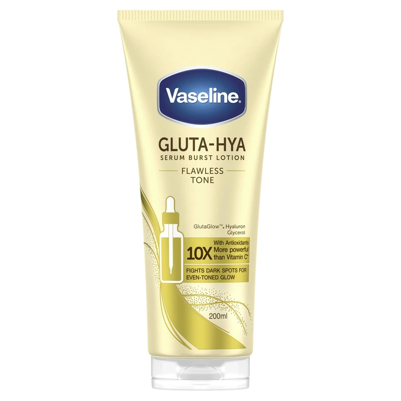 Vaseline Gluta-Hya Flawless Tone Serum Burst Lotion Moisturiser – Body Lotion with GlutaGlow™, Glycerol, Hyaluron & Antioxidants 10x Stronger Than Vitamin C*, Reduces Dark Spots in 5 Days 200ml
