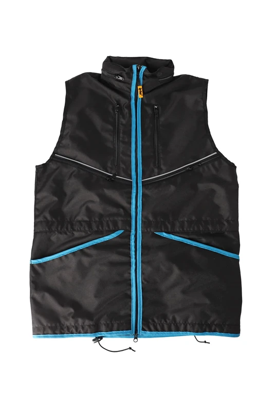 Dingo Waldemar Rutkowski Dog Trainer Vest with Two Zip Pockets, 2 Open Pockets, Hood, Adjustable, Fitted, Waterproof, Black with Blue Trim - Size S (16422)