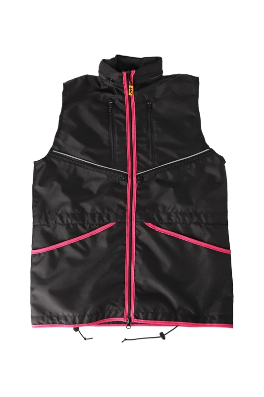 Dingo Waldemar Rutkowski Dog Trainer Vest with Two Zip Pockets, 2 Open Pockets, Hood, Adjustable, Fitted, Waterproof, Black with Pink Trim - Size L (16428)