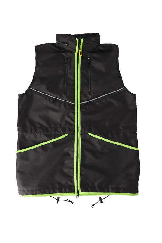 Dingo Waldemar Rutkowski Dog Trainer Vest with Two Zip Pockets, 2 Open Pockets, Hood, Adjustable, Fitted, Waterproof, Black with Green Trim - Size M (16425)
