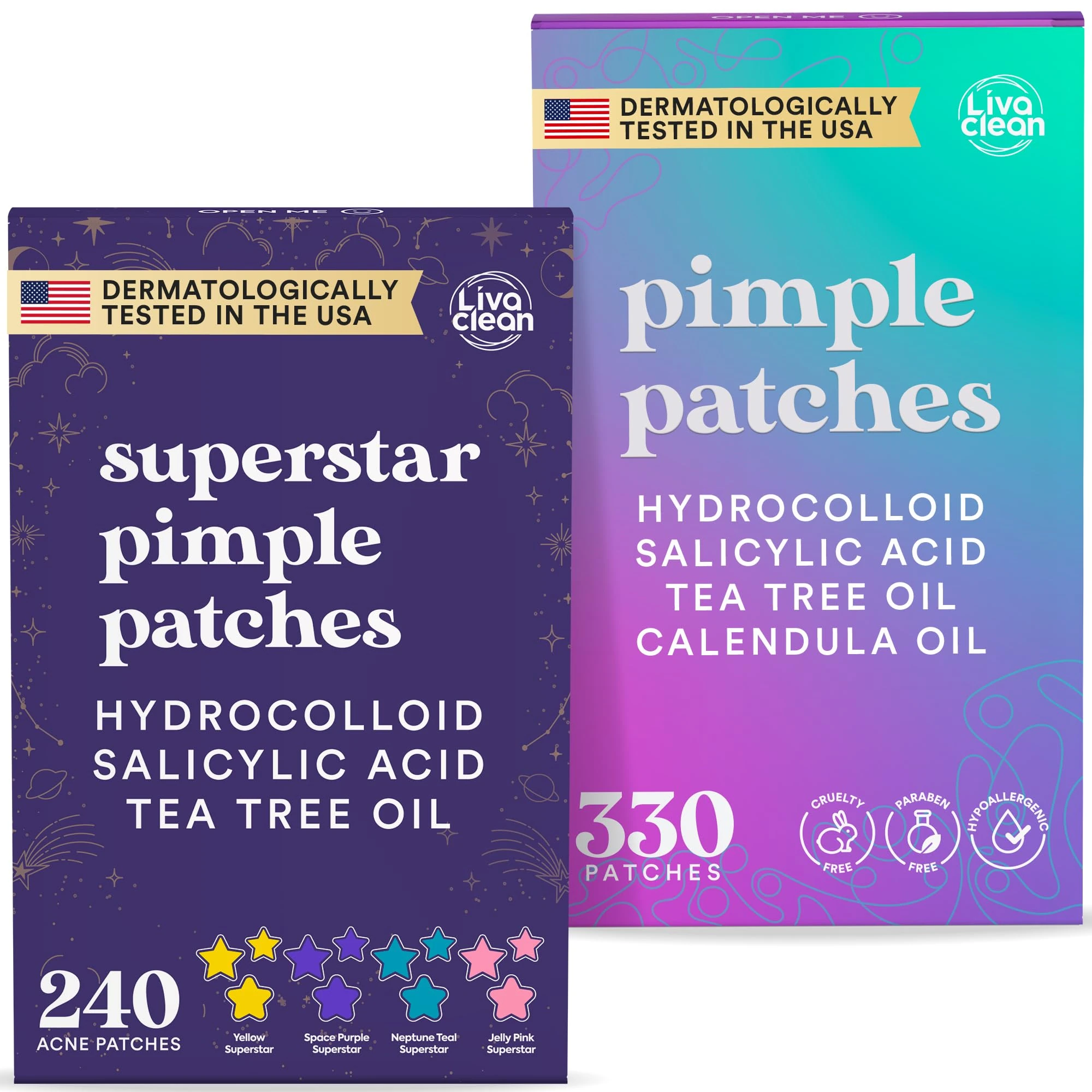 LivaClean 570 CT Pimple Patches & Acne Patch Bundle – 240 Star Spot Patches + 330 Hydrocolloid Circle Stickers with Tea Tree Oil – Cute Pimple Patch for Face, Breakouts