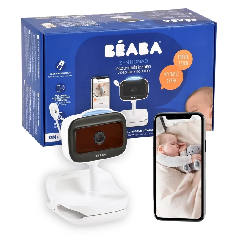 BEABA, Baby Monitor Wireless Video Listening with Clip, Nomad, Night Vision, Mobile App, Coloured Nightlight, Walkie Talkie, Lullabies, Thermometer, Humidity Control, 6h Battery, Zen Nomad White