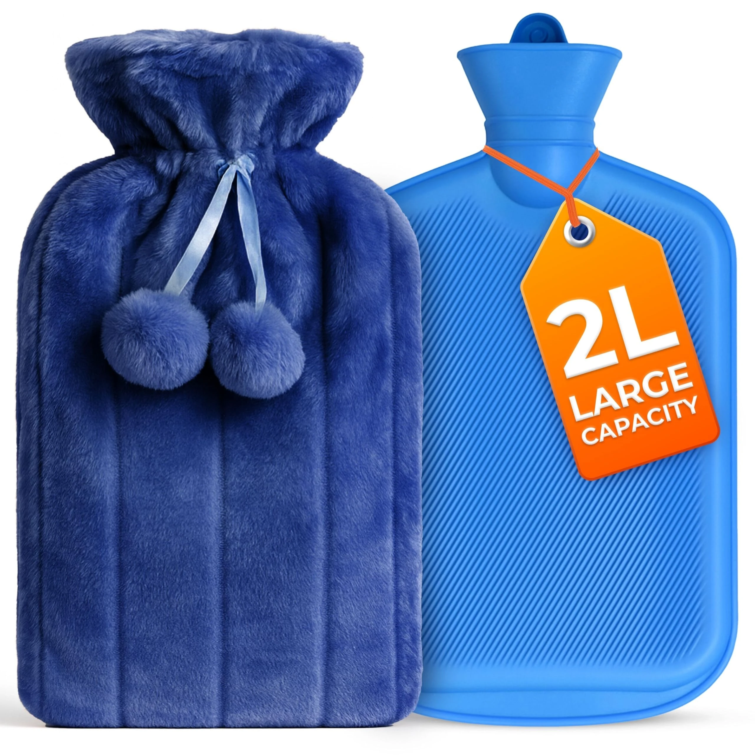 2L Hot Water Bottle with Blue Faux Fur Cover - Hot Water Bottle with Pom Poms for Pain Relief, Hand and Foot Warmer - Luxury, Soft and Washable Hot Water Bag for Hot and Cold Compress