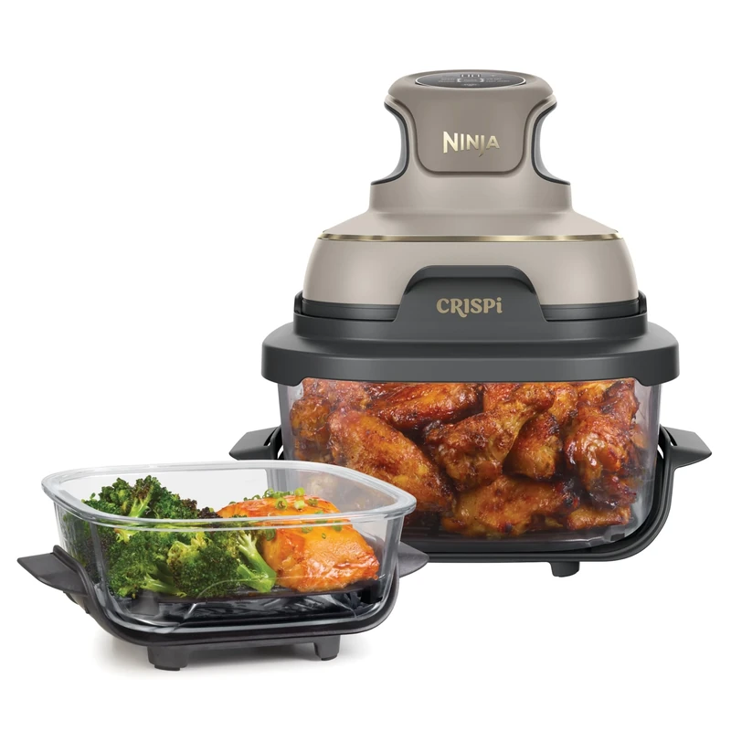 Ninja CRISPi Portable Air Fryer, 3.8L, 4-in-1: Air Fry, Roast, Keep Warm, Recrisp, Space Saving Compact Design, 6 Portions, 2x Removable Glass Containers & Lids, 1700W, Stone Gold FN101UKSTGD