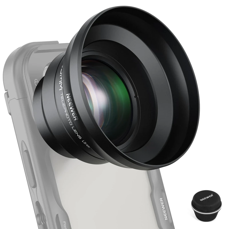 NEEWER HD 65mm Telephoto Phone Camera Lens with Lens Hood for 17mm Thread Lens Backplate Cell Phone Cage Case, 1.7X Zoom Lens Attachment Compatible with iPhone 17 16 15 S25 S24 Ultra Android, LS-66