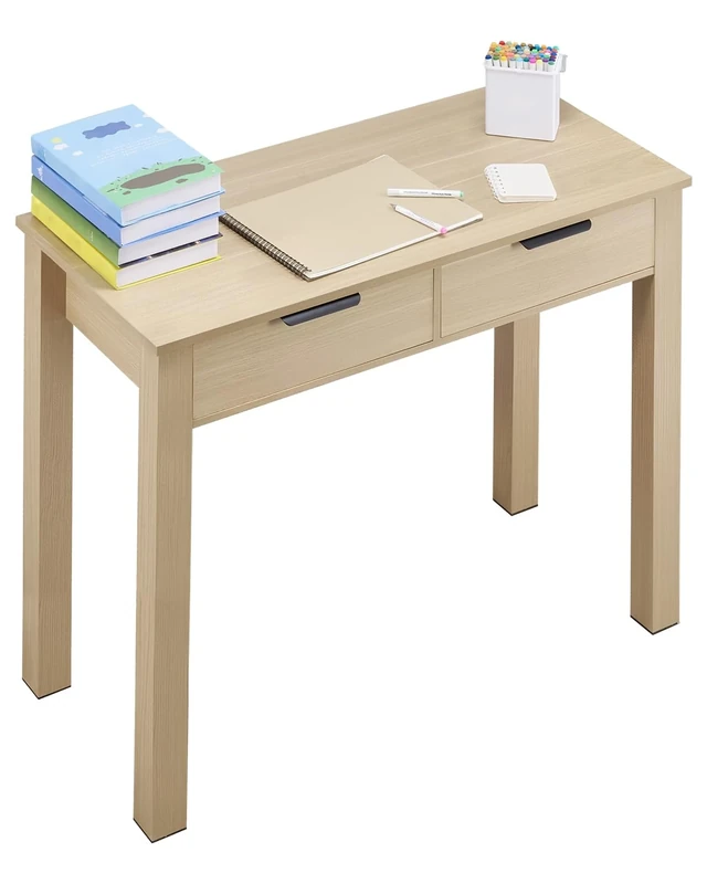 VEVOR Small Desk with Drawers, Kids Desk for Bedroom, Modern Simple Study Table for Drawing, Reading, Writing, Rectangle MDF Furniture Study Storage Table for Home, Office, Light Wood