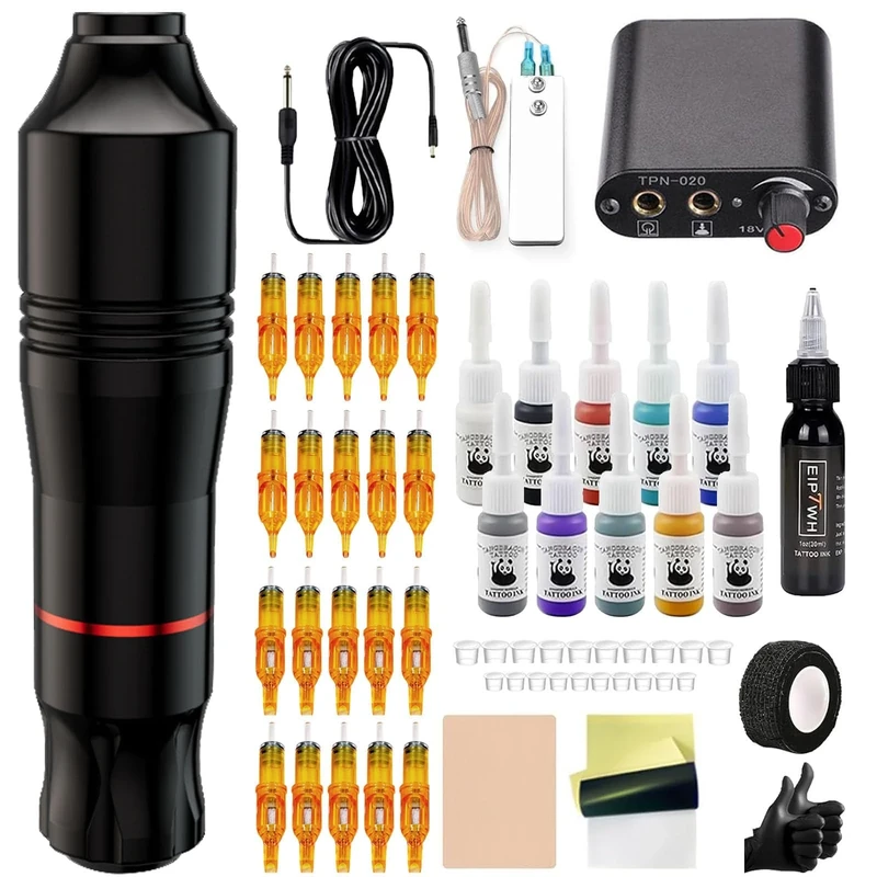 FONPOO Rotary Maschine Pen Set, Complete Pen Machine Kit contains 20 Cartridges 11 Inks 1 Transfer Paper, Rotary Machine Kit for Practicing