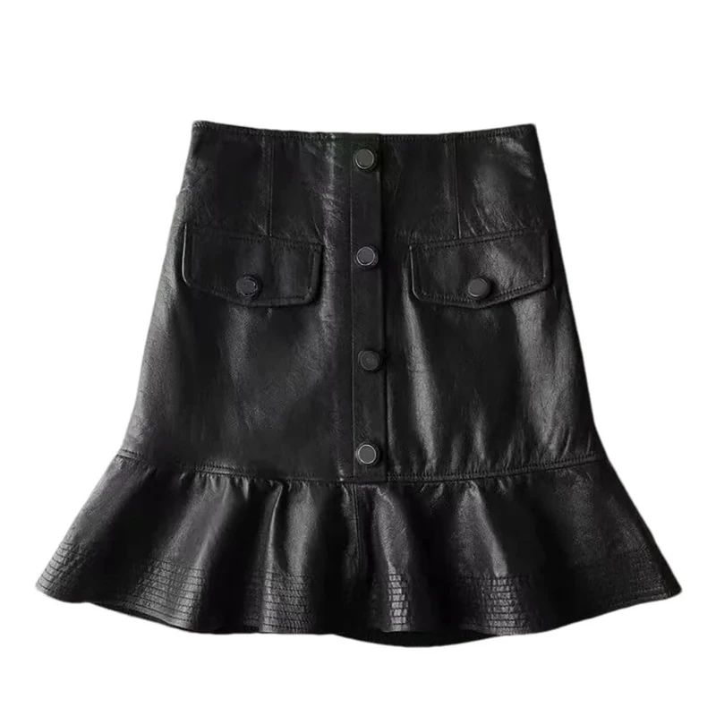 Adhdyuud Women Leather Mini Skirt Ruffles Slim Fishtail Skirt Vintage Sexy Short Wrap Skirts Black L