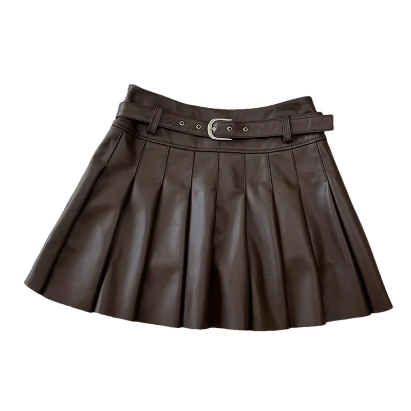 Women Leather Pleated Skirts High Waist A-Line Mini Short Skirts Solid Vintage Casual Skirt Brown S(8)
