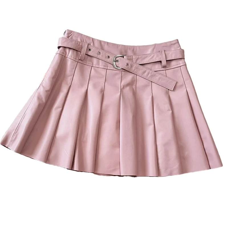 Adhdyuud Women Leather Pleated Mini Skirt - High Waist A-Line (S8)
