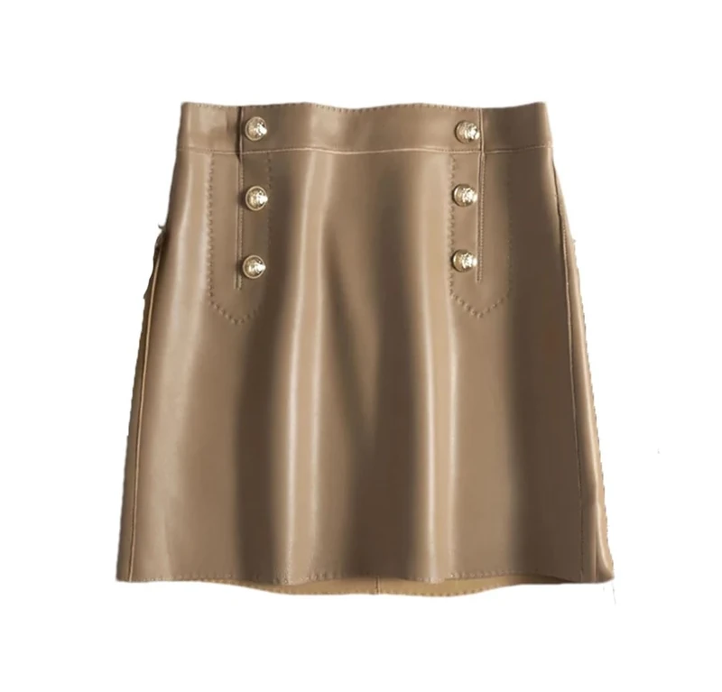 Adhdyuud Women Moda Leather Mini Skirts Slim Fit Zipper A-Line Skirts Vintage Casual Skirt Khaki L