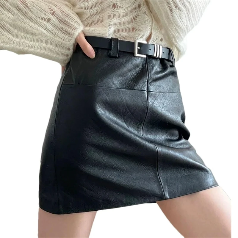 Adhdyuud Women Leather Mini Skirt High Waist Vintage Casual Streetwear Short Skirts with Belt Black XXXL(20)