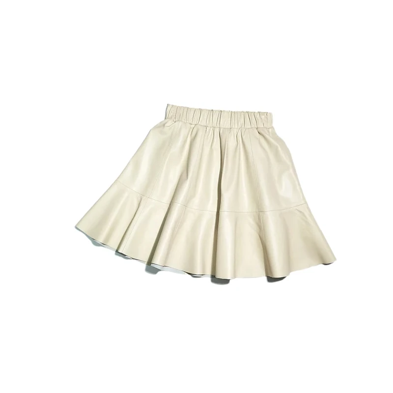 Adhdyuud Women Leather Short Skirts Elastic Waist Slim-Fit Pleated Mini Casual A-Line Skirts Beige White XL(16)