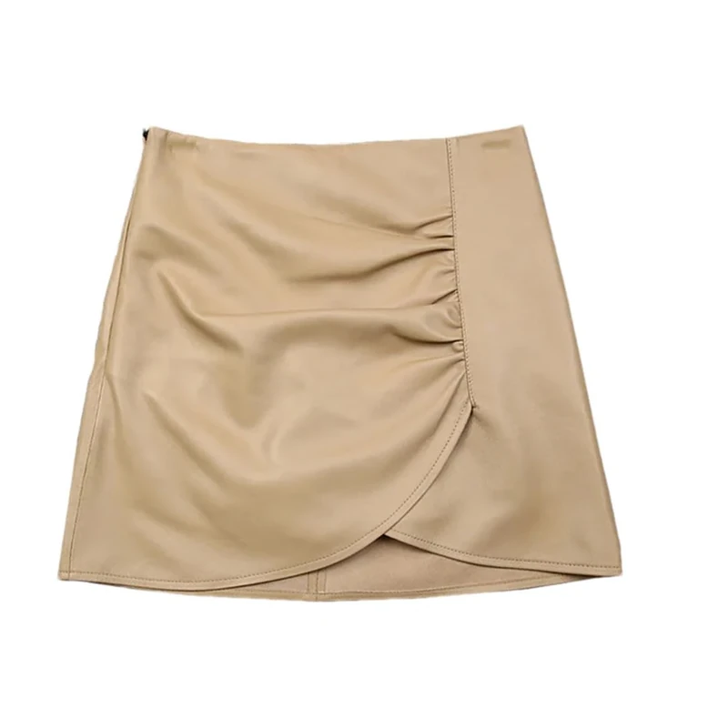 Adhdyuud Women Leather Mini Skirt Asymmetric Crossed Hem Wrinkled Short Skirt Sexy Slim Skirts Apricot XXXL