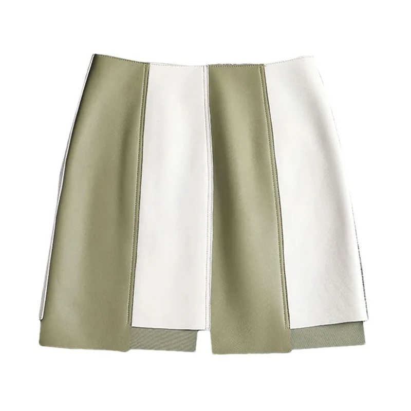 Adhdyuud Women Leather Skirts Vertical Stripes Patchwork Skirts Irregular Vintage Casual Mini Skirt En8 White XXXL