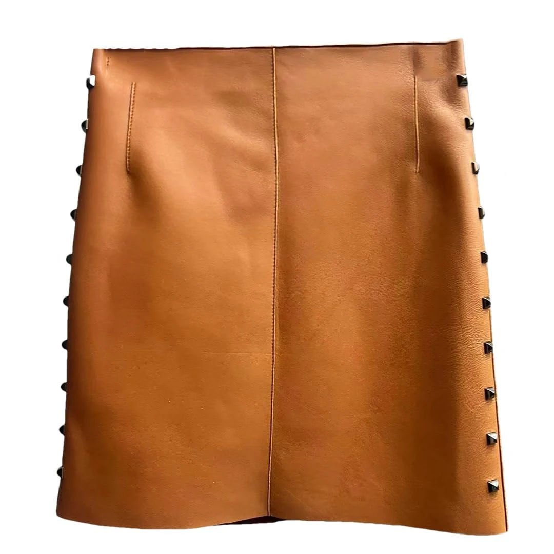 Adhdyuud Women Zipper Leather Skirts Beading Mini Skirts Vintage Casual Sexy Hip Mini Skirt Orange Brown XXL