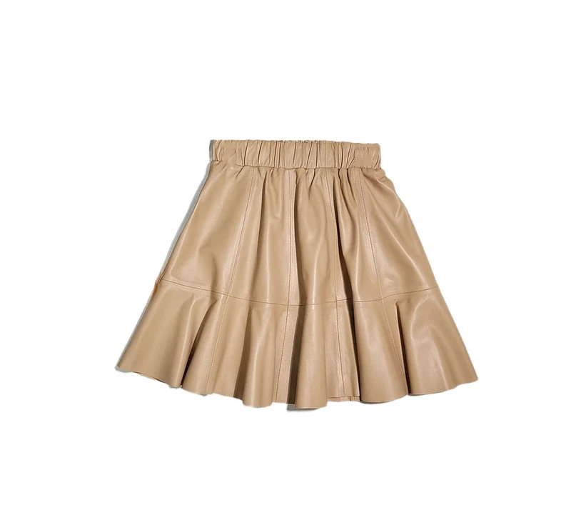 Adhdyuud Women Leather Short Skirts Elastic Waist Slim-Fit Pleated Mini Casual A-Line Skirts Khaki XL(16)