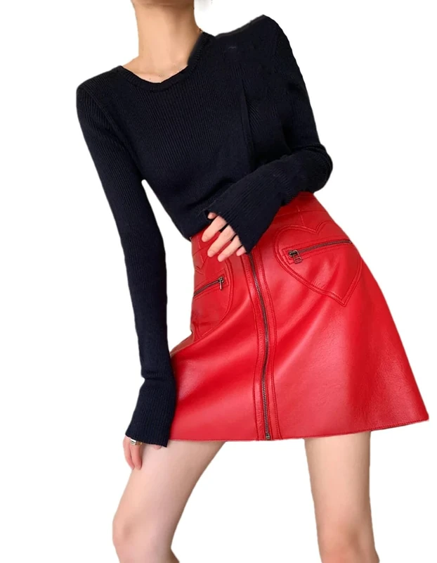 Adhdyuud Women A-Line Mini Skirts with Pocket Zipper Skirts Slim Fit Solid Color Casual Skirt Red L
