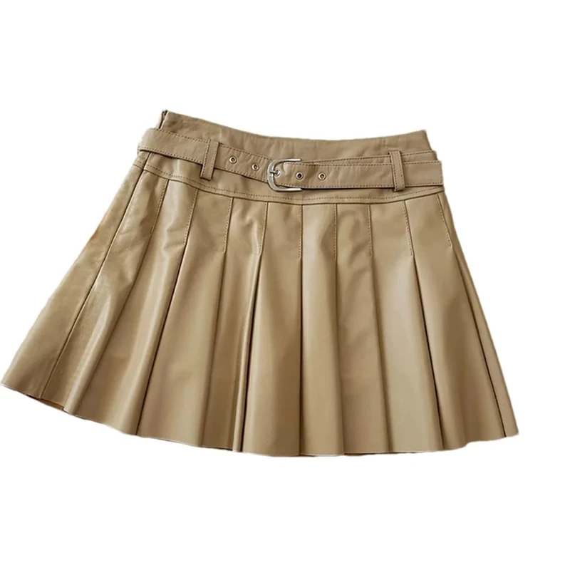 Women Leather Pleated Skirts High Waist A-Line Mini Short Skirts Solid Vintage Casual Skirt Khaki S(8)
