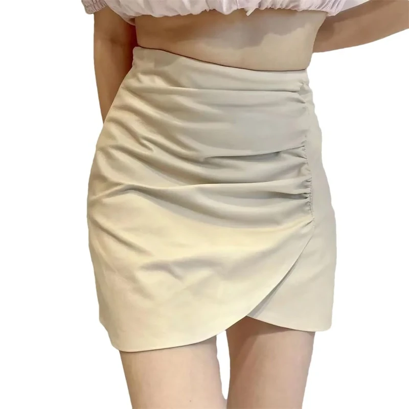 Adhdyuud Women Leather Mini Skirt Asymmetric Crossed Hem Wrinkled Short Skirt Sexy Slim Skirts White XXXL