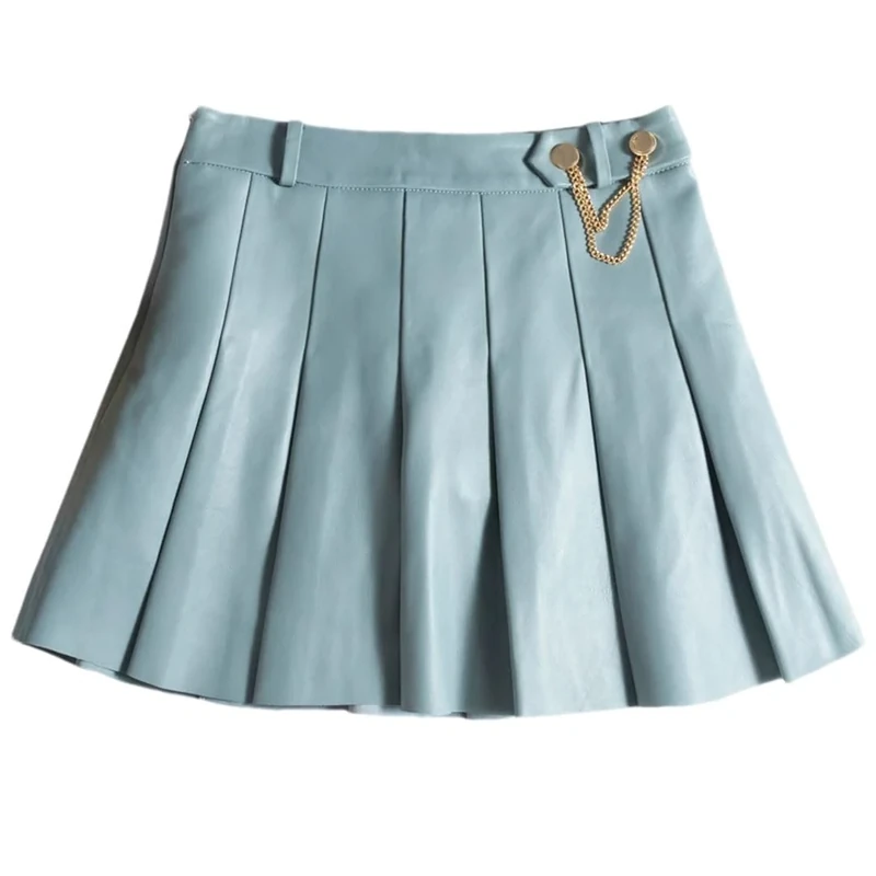 Women Mini Pleated Skirt Solid Zipper Sexy Skirts Preppy Style Mini A-Line Skirt Blue S