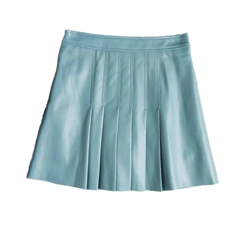 Adhdyuud Women Leather Mini Skirt Sexy Pleated A-Line Skirt Vintage Motorcycle Skirts Blue S