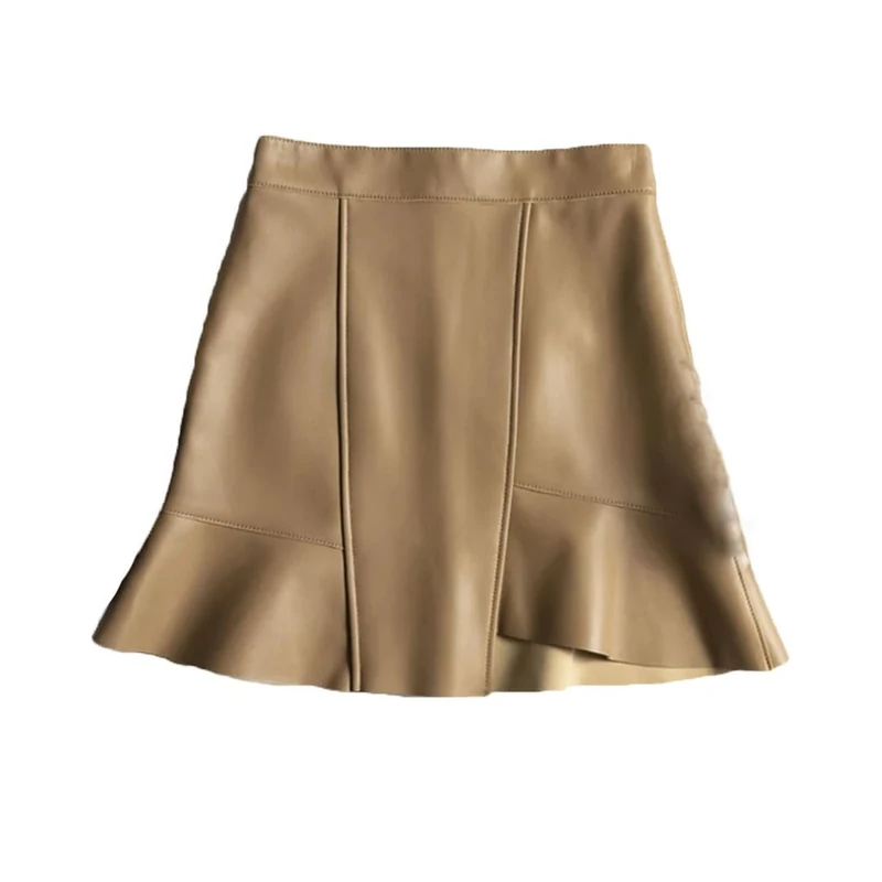 Adhdyuud Women Leather Mini Skirt High Waist Ruffled Irregular Short Skirt Office Work Skirts Beige M