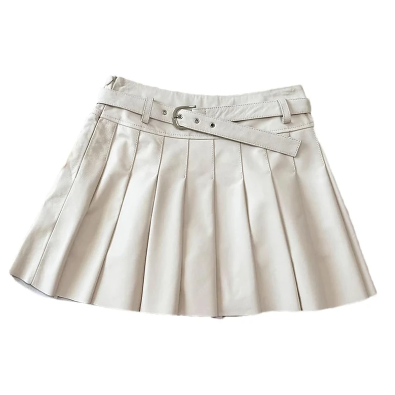Women Leather Pleated Skirts High Waist A-Line Mini Short Skirts Solid Vintage Casual Skirt White S(8)
