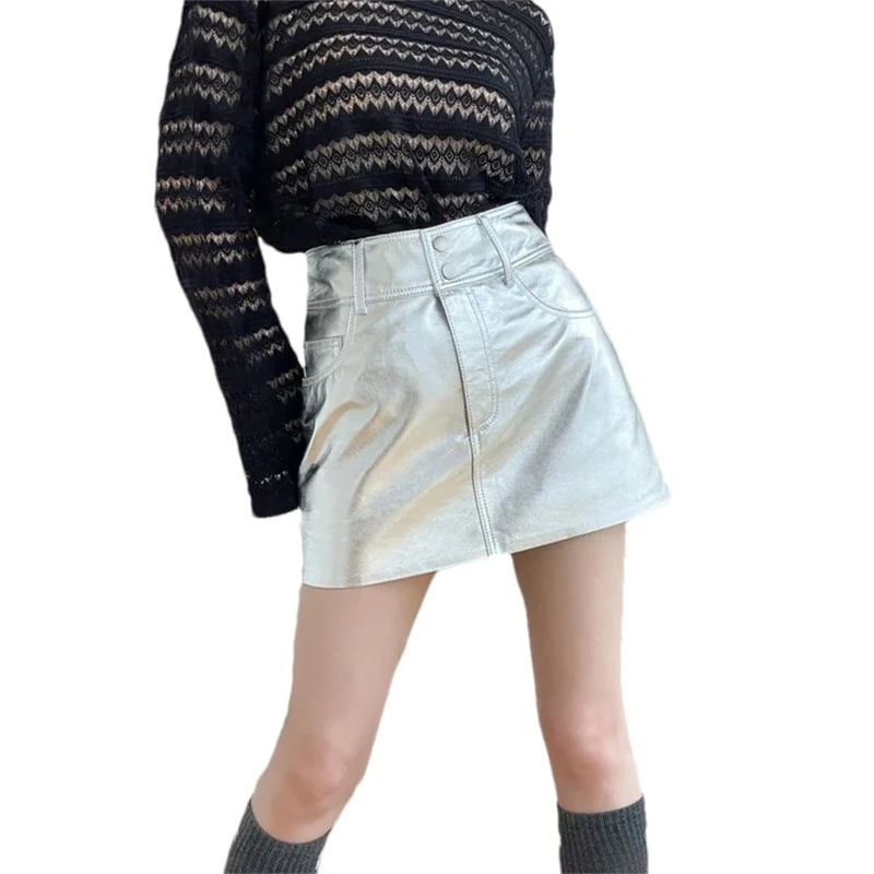 Adhdyuud Woemn Leather Mini Short Skirt Sexy A-Line Package Hip Shorts Skirt with Pockets Slim Skirts Silver S(8)