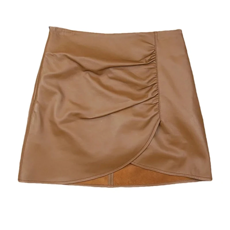 Adhdyuud Women Leather Mini Skirt Asymmetric Crossed Hem Wrinkled Short Skirt Sexy Slim Skirts Brown XXXL