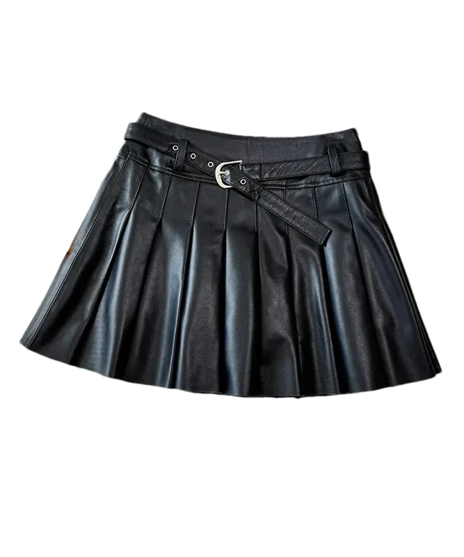 Women Leather Pleated Skirts High Waist A-Line Mini Short Skirts Solid Vintage Casual Skirt Black S(8)