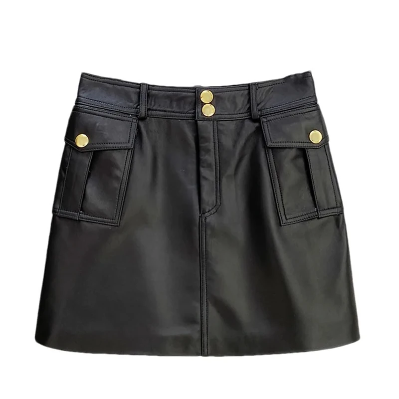 Women Leather Skirts with Pockets Mid-Waist A-Line Skirt Casual Solid Short Mini Skirts Black XXL(18)