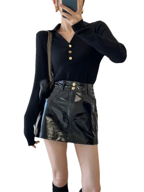 Adhdyuud Woemn Leather Mini Short Skirt Sexy A-Line Package Hip Shorts Skirt with Pockets Slim Skirts Black S(8)