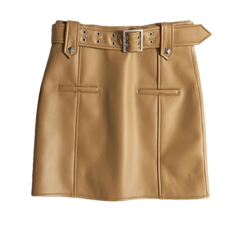 Adhdyuud Women Leather Motorcycle Skirt Slim Fit Mini Hip Skirt Vintage Casual Cargo Skirts Beige XL